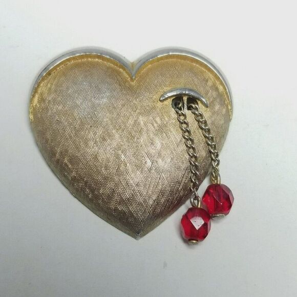 Vintage JJ Heart Shape Crying Eye Brooch, Gold Tone, Red Beads, Signed Estate - Picture 2 of 7